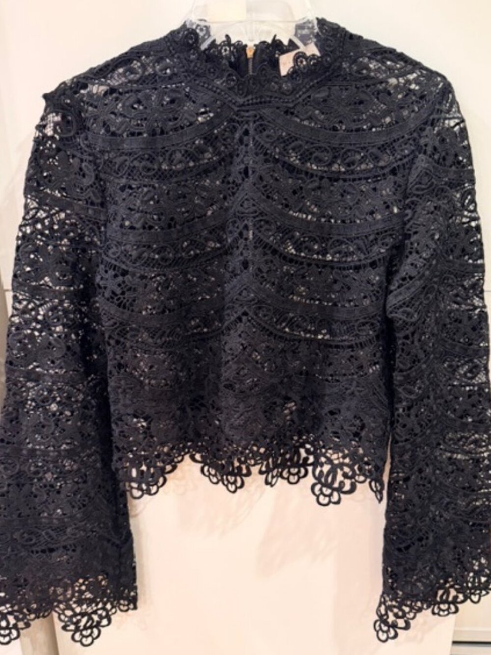 Marabelle Black Lace Top Size Medium – Bell Sleeves, Scalloped Hem, Back Zip